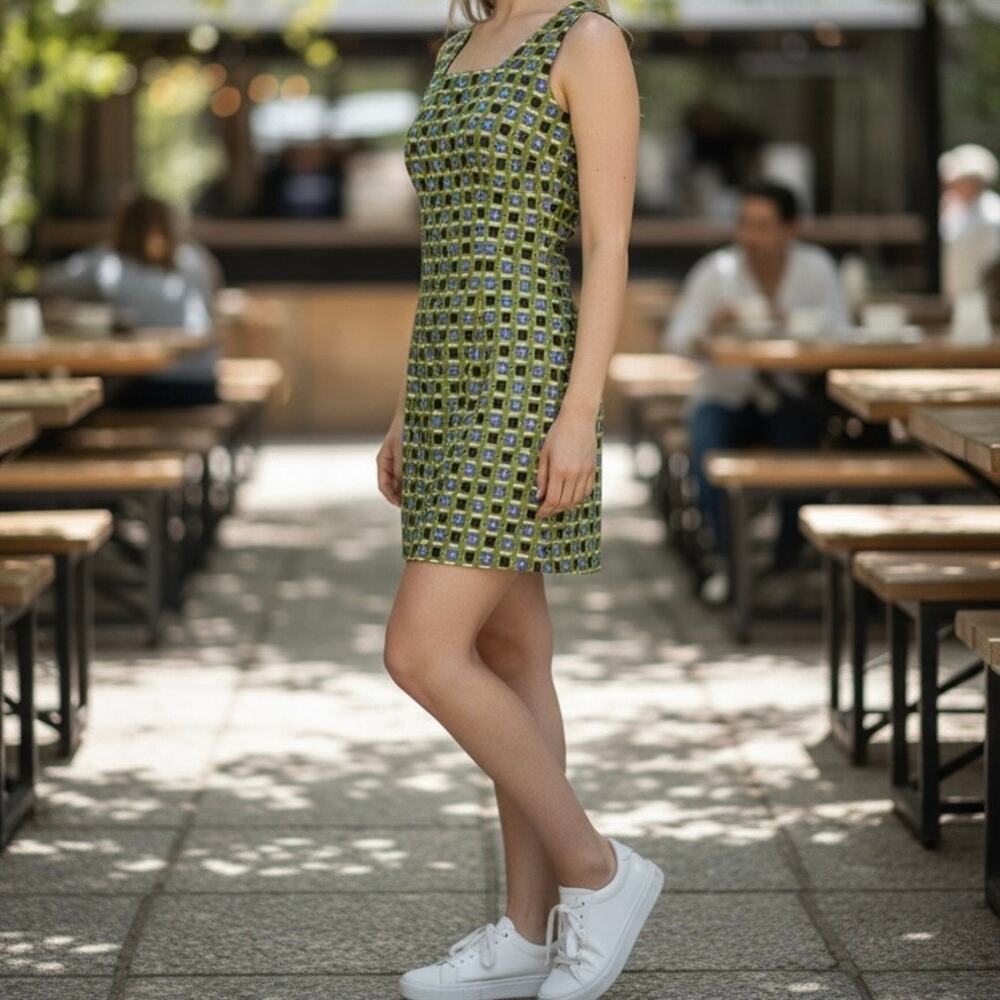 5.7.9. Vintage 90s Y2K Geometric Flower Mini Dress Women's 7 Green Purple